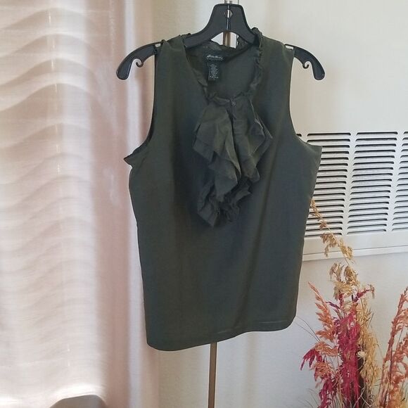 Eddie Bauer Olive Green Ruffle Sleeveless Top Wmn's size Large - Picture 2 of 5